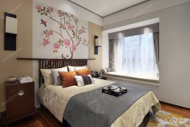 新中式卧室飘窗花鸟画装修效果图