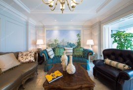 美式客厅皮沙发实木茶几装修效果图
