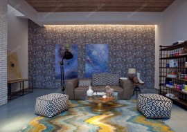 客厅多彩瓷砖背景墙条纹凳装修效果图