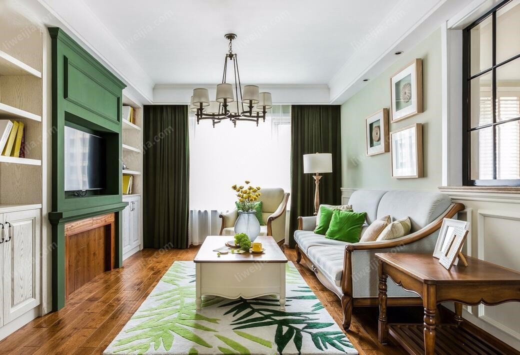 美式客厅实木家具绿色调装修效果图